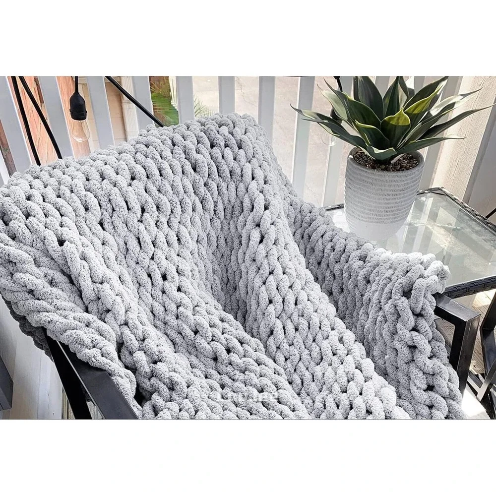 Chunky Knit Blanket - Gray Throw Blanket - Soft Chenille Throw - 40 x 60